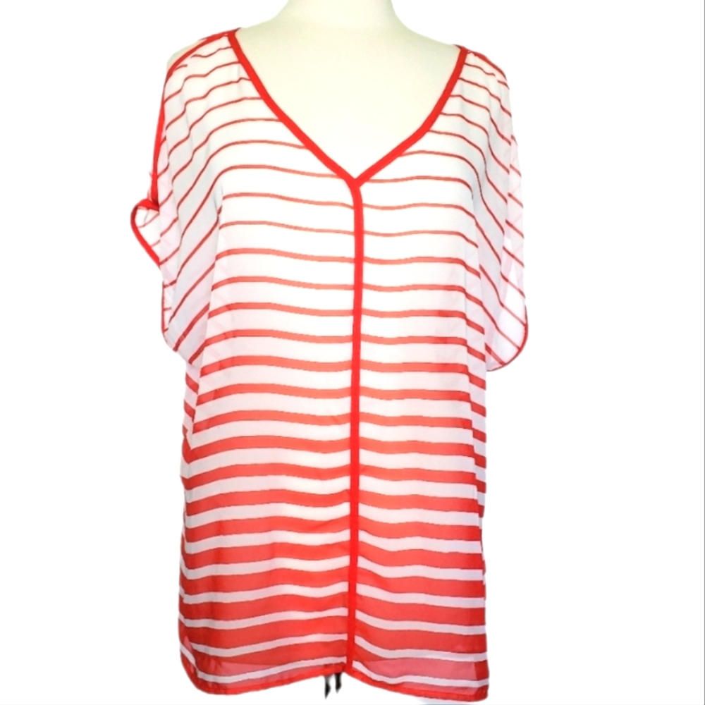 a.n.a Sheer Orange & White Stripe Short Sleeve Cold Shoulder Blouse - XL